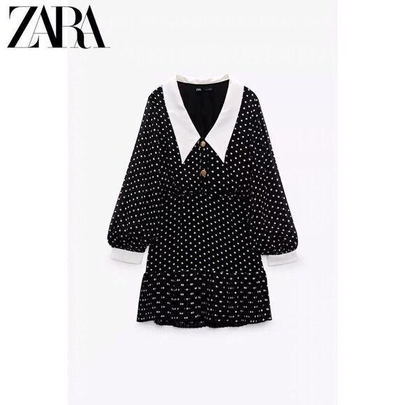 Zara Polka Dot Mini Black White Dress Collar Size S - Picture 5 of 11